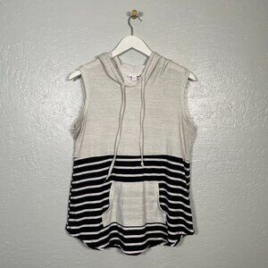 Lularoe Women M Brittany Sleeveless Hoodie Shirt Gray Black Stripe Pocket